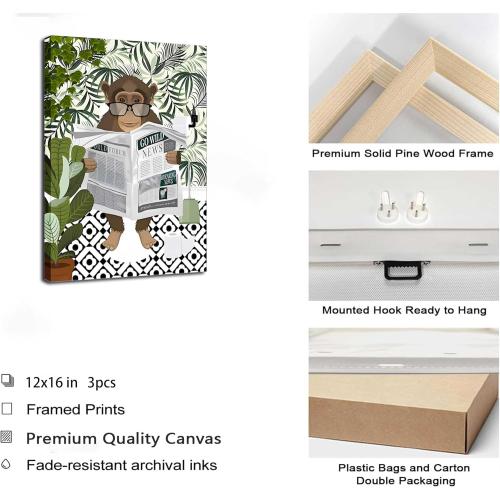 3Pcs Jungle Animal Bathroom Canvas Wall Art Zebra in Bathtub Pictures Lion Monkey on Toilet Reading Newspaper Paintings Funny Forest Animal Posters Prints for Restroom Wall Decor Framed