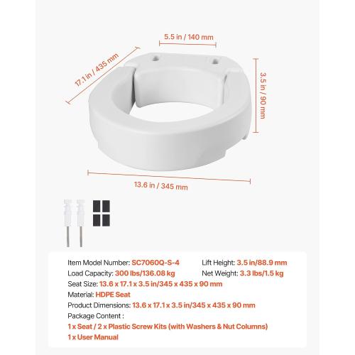 VEVOR Raised Toilet Seat, 300 lbs Load Capacity, 3.5-Inch Lift Height, Commode Elevated Toilet Seat Riser with Enlarged Opening for Seniors, Elderly, Handicap, Disabled, and Adults, Fits Round Bowl