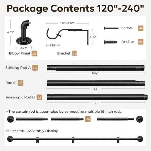 Zeerobee Curtain Rods 120-240 Inch, 1 Inch Industrial Black Curtain Rod