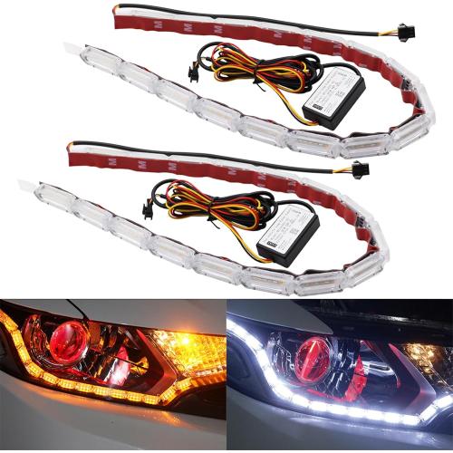 AUTOXBERT Car Daytime Running Light Strip, 2Pcs Flexible Crystal DRL LED Strip Sequential, Dual Color 17Inch Headlight LED Strip Turn Signal Lights Strip (White&Amber)