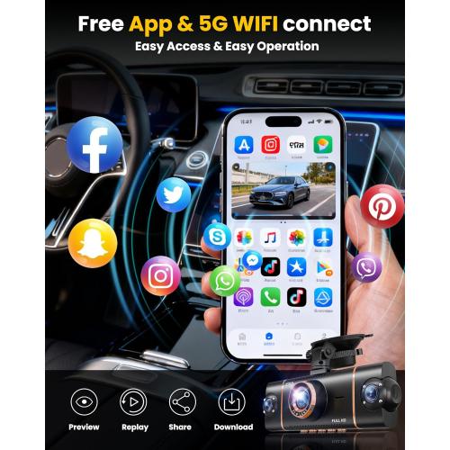 4K Dash Cam Front and Rear, WiFi Dash Camera for Cars with App