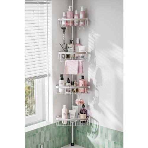 ESSEME Corner Shower Caddy Tension Pole: Adjustable Rustproof 4-Tier Inside Bathroom Organizer - 47-121 inch Quick Installation Bathtub Shelves for Shampoo Storage - Rod Floor Standing Bath Rack