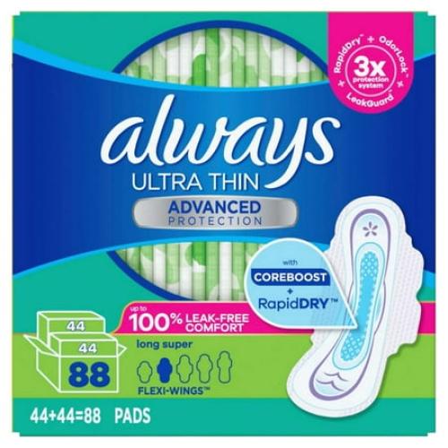 Always Ultra Thin Long Super Pads with Flexi-Wings 88 ct Pack