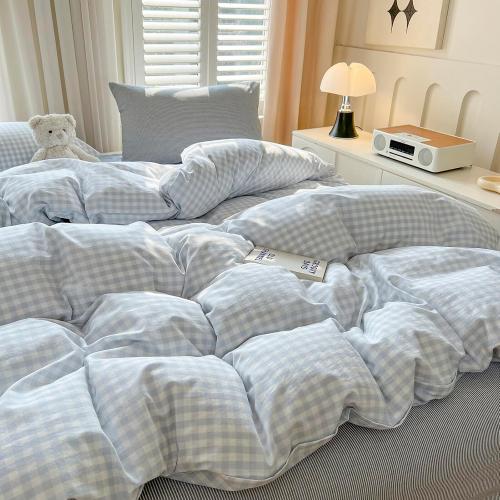 LifeTB Blue Gingham Comforter Set Queen Size Modern Style Plaid Checkered Comforter with 2 Pillowcases Fluffy Soft Grid Bedding Set Farmhouse Gingham Bedding Comforter Set for All Seasons