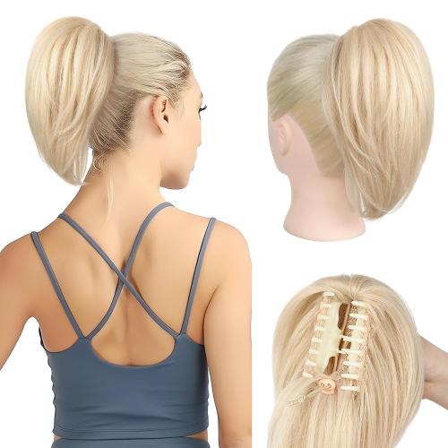 NTYNTY Ponytail Extension, 10 Short Claw Clip in Ponytail Hair Extensions Messy Bun Hair Piece Natural Soft Synthetic Straight Pony Tail Hair Pieces for Women - Natural Blonde