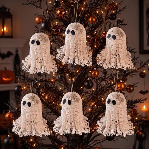 Briwooody 6 Pcs Halloween Ghost Hanging Ornaments for Tree White Lace