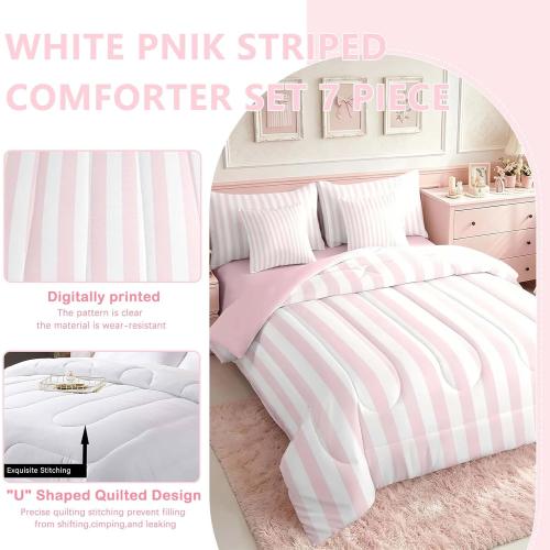 Feelyou White Pink Striped Comforter Set with Sheets 7 Piece Full Size Striped Bed in a Bag Kids Boys Girls Bedding Set Basic Simple Bedroom Decor Breathable Soft Lightweight Microfiber