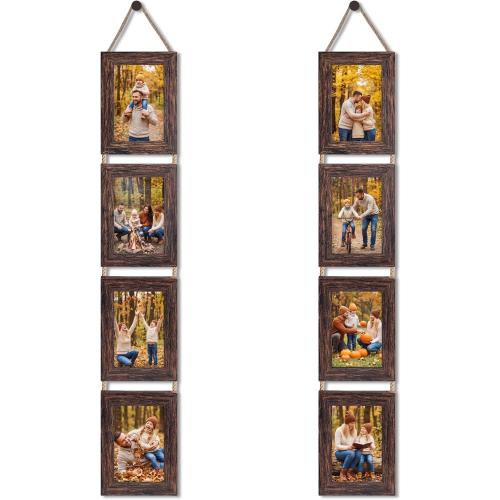 QUTREY 4x6 Collage Picture Frames, 8 Openings Vertical Hanging Photo Frame Set of 2, 4 by 6 inch Multi Picture Frames for Wall, Distressed Brown
