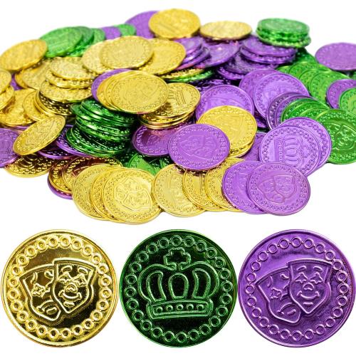 GiftExpress 144PC Mardi Gras Plastic Coins Assorted Metallic Gold Green Purple Mardi Gras Coins Bulk for Mardi Gras Parade, Party Favors