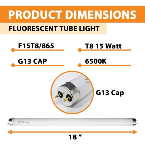 F15T8/DL 18 Inches T8 15 Watt Fluorescent Tube Compatible for Sylvania GE Eiko F15/T8/D Daylight 6500K G13 Bi-Pin Base 6 Count
