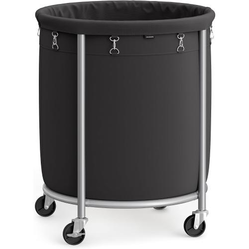 SONGMICS 50.2-Gallon (190 L) Laundry Basket with Wheels, Rolling Round Heavy-Duty Laundry Hamper Cart with Steel Frame and Removable Bag, 2 Locking Wheels, Ink Black and Metallic Silver URLS001B01