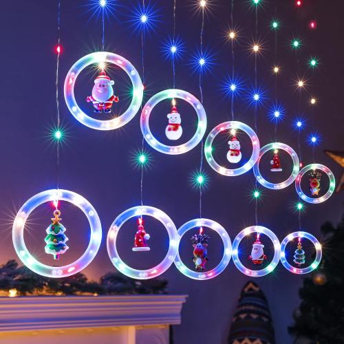 BLOOMWIN Window Christmas Decor Ring Lights With Ornament LED Curtain Indoor Outdoor USB 9.8ft Multicolor String Hanging 3D Novelty Xmas Tree Home Garden Decorations