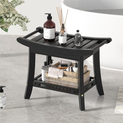 Eastglory Bamboo Shower Bench Chair Bathroom Shower Stool Seat for Inside Shower Bathtub with Storage Shelf Shower Foot Rest for Shaving Legs 25.2 x 13 x 19.2 Inches Black