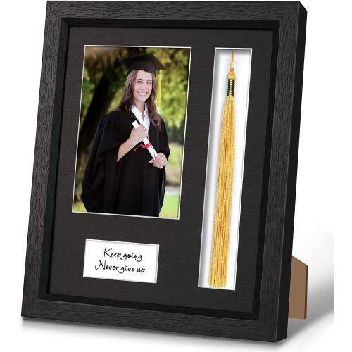 9x11 Graduation Picture Frame with Tassel Holder for 5x7 Photo, Shadow Box Frame with HD Real Glass and Black Linen Textured Mat, Graduation Party Gift and Keepsake Display Frame