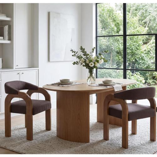 Farmhouse Dining Chairs Set of 2 - Upholstered Armchairs with Linen Cushions & Curved Wooden Arms, Barrel Wood Kitchen Chairs for Dining Room/Cafe/Kitchen Island (Espresso Brown)