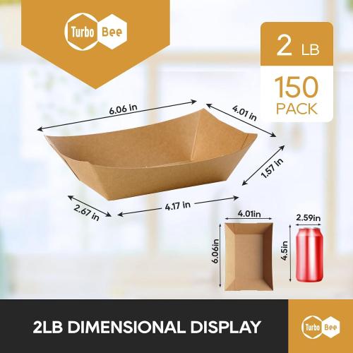 Disposable Paper Food Trays 2lb, 150 Pack Brown Paper Boats - Heavy Duty Holders for French Fries, Nachos, Hot Dogs, Tacos, Popcorn - Grease Resistant Snack Boats for Food Trucks, Parties, Delivery