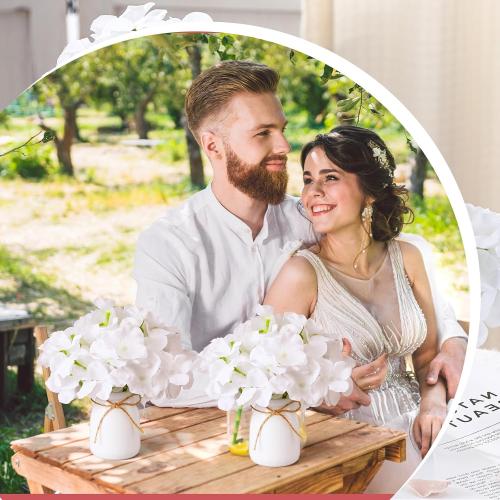 Geelin 2 Set Artificial Hydrangea Flowers with Glass Vase Faux Silk Hydrangeas Flowers Heads with Stems Floral Bouquets Vase Gifts for Home Wedding Baby Shower Centerpieces Table Decor(White)