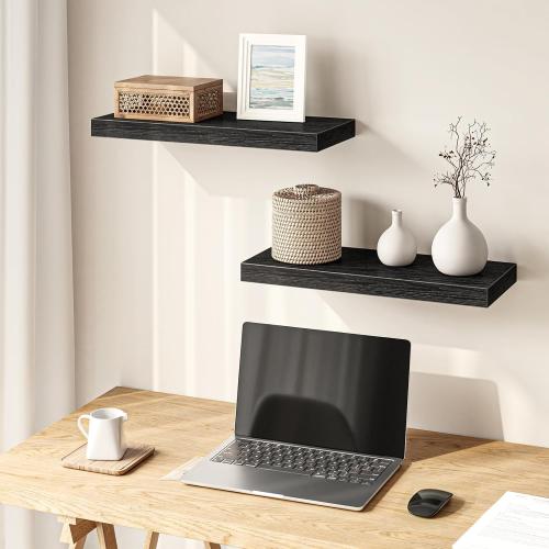 Fixwal Floating Shelves for Wall, 15.7 Wood Wall Mounted Shelves for Living Room, Bedroom, Bathroom and Kitchen, for Storage, Books, Room Decor (Black, Set of 2)