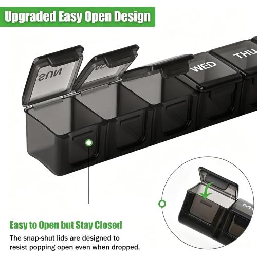 2 Pack Weekly Pill Organizer, Large 7 Day Travel Pill Case (White & Black)