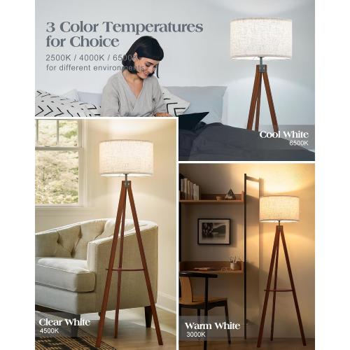 ELYONA Mid Century Floor Lamp with 3 Color Temperatures LED Bulb, Modern Wood Tripod Table Reading Standing Light, Wooden Shelf Floor Lamp for Farmhouse Living Room Bedroom Office Linen Shade Brown