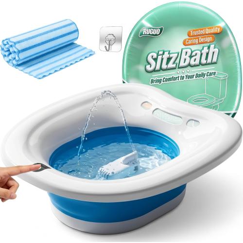 RUGUO Electric Sitz Bath for Toilet Seat, Unisex Sitz Bath Soak Tub, Sits Bath Kit for Women, for Soothes Hemorrhoids & Postpartum Care, Automatic Flushing - Blue
