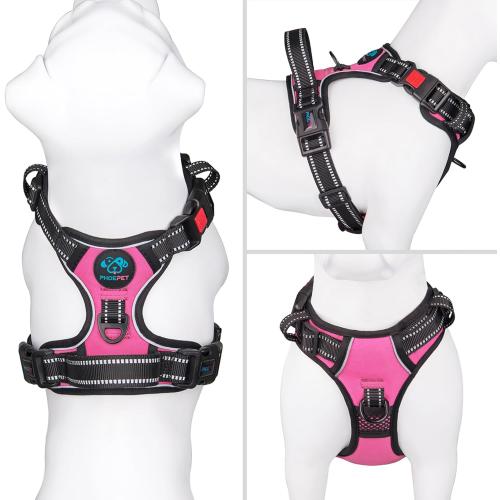 PHOEPET No Pull Dog Harness Medium Reflective Front Clip Vest with Handle,Adjustable 2 Metal Rings 3 Buckles,[Easy to Put on & Take Off](M, Pink)