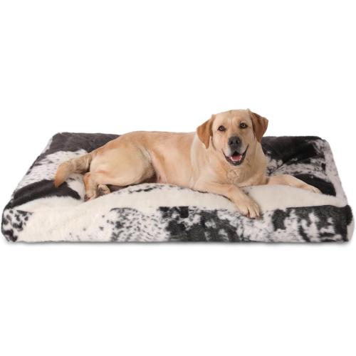 Bedfolks Waterproof Kennel Pad,Plush Dog Crate Bed with Removable, Washable Faux Fur Cover for Extra Large Dogs, Fluffy - 41x27, Black-White Cowhide