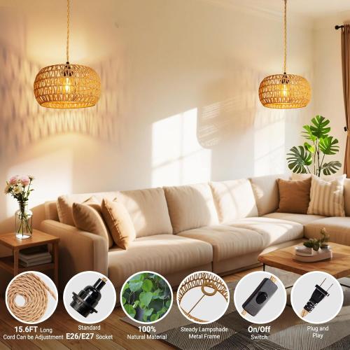 Hanging Lamps Rattan Pendant Light Hanging Lights 16.4ft Plug in Cord Pendant Light Fixture Plug Into Wall Outlet Pendant Lighting with On Off Switch for Bedroom Living