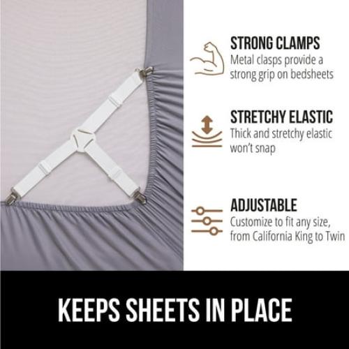 Gorilla Grip Bed Sheet Straps, Adjustable Elastic Fasteners with Metal Clips, Keep in Place Fitted Bedding Holder, 4 Pack White
