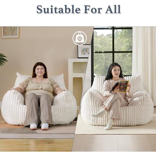 Giant Plush Bean Bag Chair for Adults with Armrests - Oversized Comfy Beige Beanbag Lounge Lazy Floor Sofa Accent Chair for Living Room, Bedroom & Dorm, Cozy Fluffy Single Cloud Mini Couch