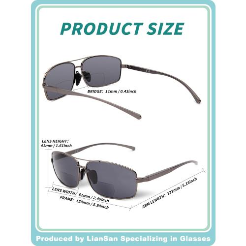 LianSan Retro Polarized Bifocal Sunglasses for Men Women,Metal Frame Top Clear Sun Readers with UV Protection Anti Glare(Gunmetal,1.50x)