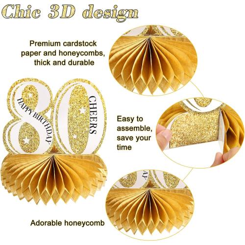 Outus 8 Pieces 80th Birthday Table Decorations for Men and Women, Happy 80th Honeycomb Centerpieces Black Golden 1946 Aged Birthday Party Decorations Tables Toppers for 80 Years Party Supplies