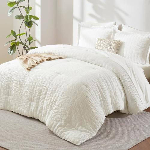CozyLux Queen Comforter Set, 7 Pieces Ivory Seersucker Bed in a Bag