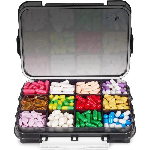 Fullicon Moisture Proof Travel Pill Organizer, 12 Large Compartments, Black