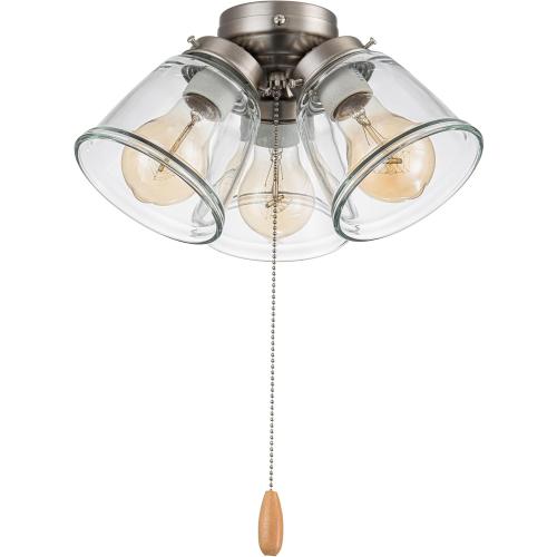 Aspen Creative 22011-1, Three-Light Ceiling Fan Light Kit with Pull Chain, Brushed Nickel Finish with Clear Glass Shades, 13-1/8 Diameter x 6-3/4 Height