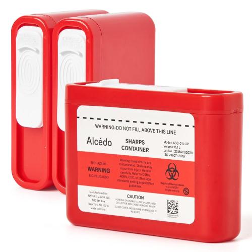 Alcedo Portable Sharps Container for Travel and Home Use (3-Pack), Small 0.1L Container for Diabetes Insulin Pen Needle Disposal, Mini Sharps Box, Medical Grade