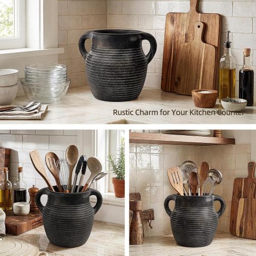 Rustic Utensil Holder for Kitchen Counter - Ceramic Farmhouse Cooking Utensil Crock & Organizer for Spatula, Spoon-Vintage Kitchen Decor (Charcoal)