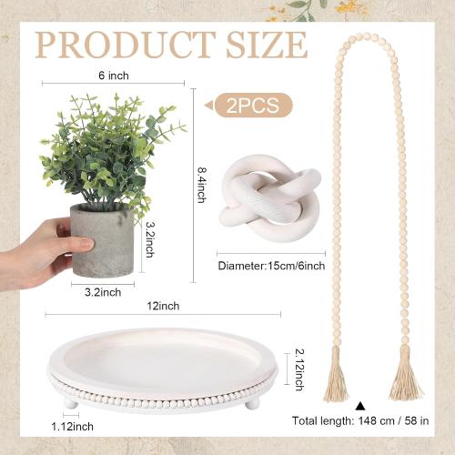 5 Pcs Farmhouse Wooden Tray Decor Set, 12 Inch Beaded Tray