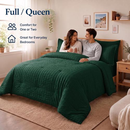 Comforter Set, 5 Pieces Emerald Green Seersucker Bed in a Bag