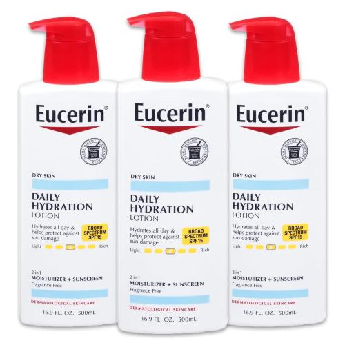 3PACK.....Eucerin Daily Hydration Lotion with SPF 15 - Broad Spectrum Body Lotion for Dry Skin - 16.9 fl. Oz. Pump Bottle (Pack of 3)