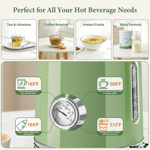 Electric Kettle, 1.7L Tea Kettle with Thermometer, Retro Green