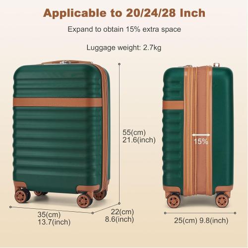 Kono Airline Approved Carry On Luggage 22x14x9 inches, with TSA Lock, 20 Inch Expandable Lightweight Hardshell Suitcase (Green, Suitable for 1-3 Days of Travel)