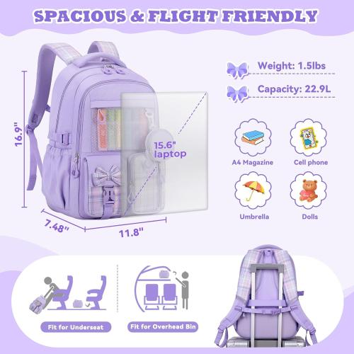 Backpack for School, Kids Backpacks for Girls, Girls Cute Bookbag for Teens, Schoolbag for Elementary Middle School Students, Girl Backpacks Ages 6-8, With Coin Purse, Travel, Camp, Purple Plaid