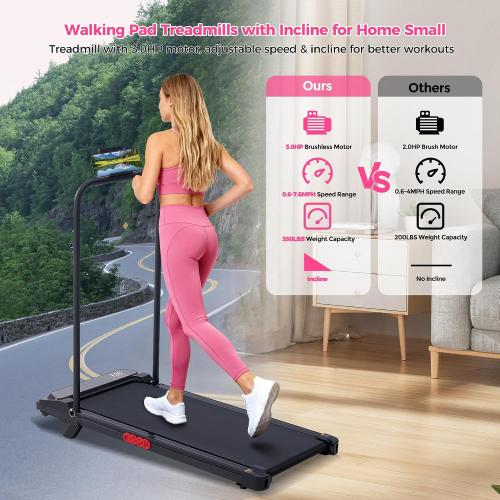 Portable Walking Pad Treadmill with Handle Bar and Incline for Home 0.6-7.6MPH Under Desk Treadmill for Home Small, 350LBS Small Treadmills with Handles, 3.0HP Treadmills for Exercising