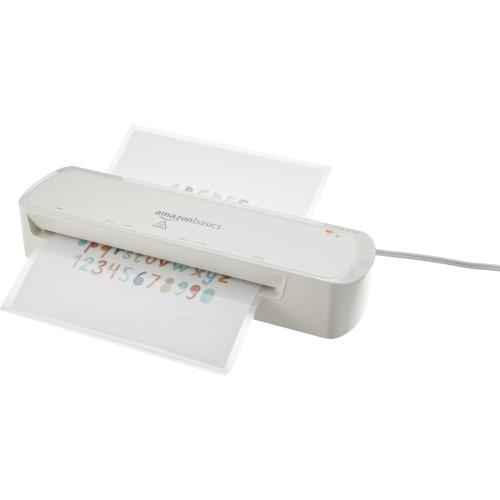 Amazon Basics 9-Inch Thermal Laminator Machine with Quick Warm-Up, 2 Heat Settings, Jam Release for Documents and Photos, White