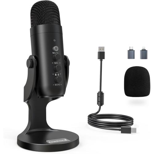 ZealSound Podcast Microphone for PC, Noise Cancellation USB Mic with Gain, Volume Adjustment & Mute Button, Monitoring & Echo, for YouTube, TikTok, Podcasting, Streaming, iPhone, iPad, Android, Mac