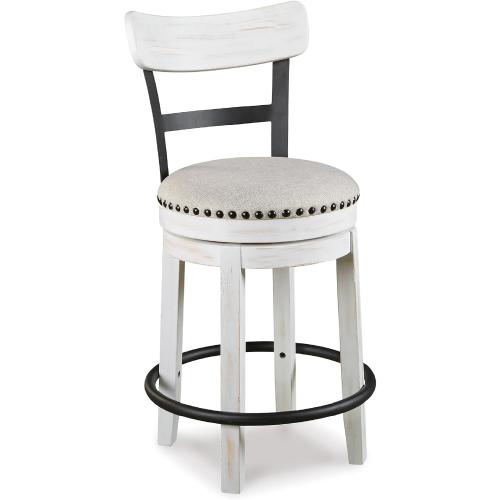 Signature Design by Ashley Valebeck | Modern Swivel 24.5 Counter Height Barstool – Rustic-Industrial Whitewash, Upholstered Cushion, 360° Swivel, Nailhead Trim
