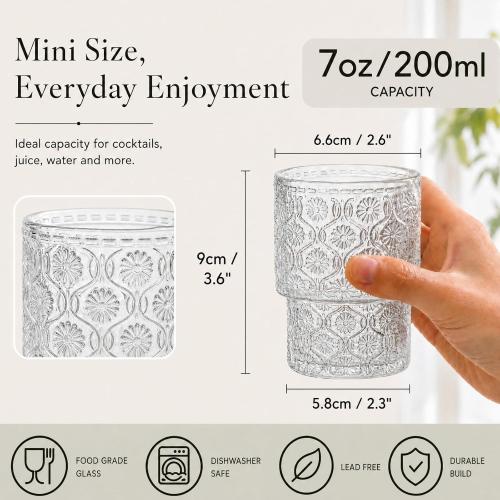 AVLA 8 Pack Vintage Drinking Glassware, 7 oz Romantic Water Juice Glass Tumbler Cup, Clear Stackable Coffee Cocktail Bar Drinkware for Beverages, Tea, Milk, Yogurt, Whiskey, Embossed Floral Pattern