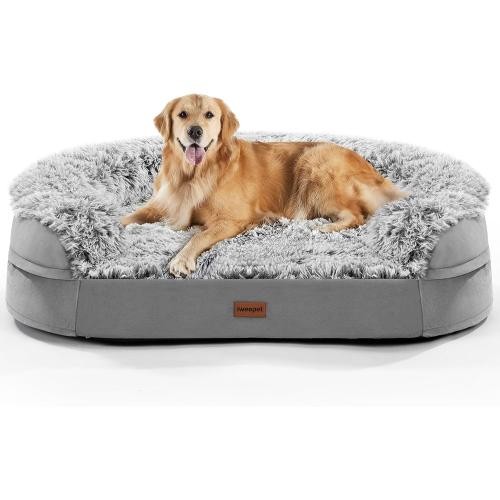 iweepet Fluffy Calming Orthopedic Dog Beds for Large & Extra Large Dogs, 44’’ Supportive Dog Sofa Bed with 3.7 inch 28D Egg-Crate Foam, Removable Washable Plush Cover, Waterproof Lining,Grey