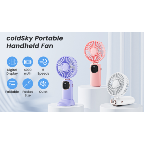 coldSky Portable Handheld Fan, 4000mAh Rechargeable Personal Fan - Black | 3-in-1 Hand, Desk & Neck Fan, 20H Max Cooling, 5 Speed, LED Display, 90° Foldable Fan for Travel/Indoor/Outdoor/Gifts
